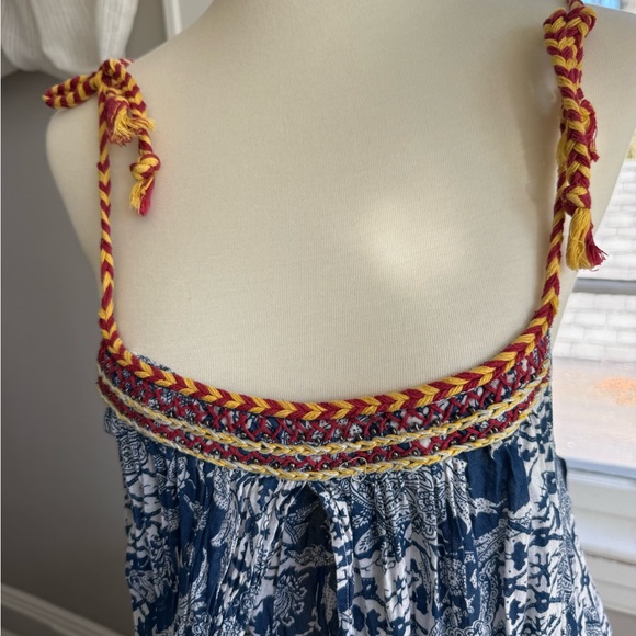 Free People Bohemian Blue Block Print Floral Tie-Shoulder Maxi Sun Dress S - Picture 6 of 12